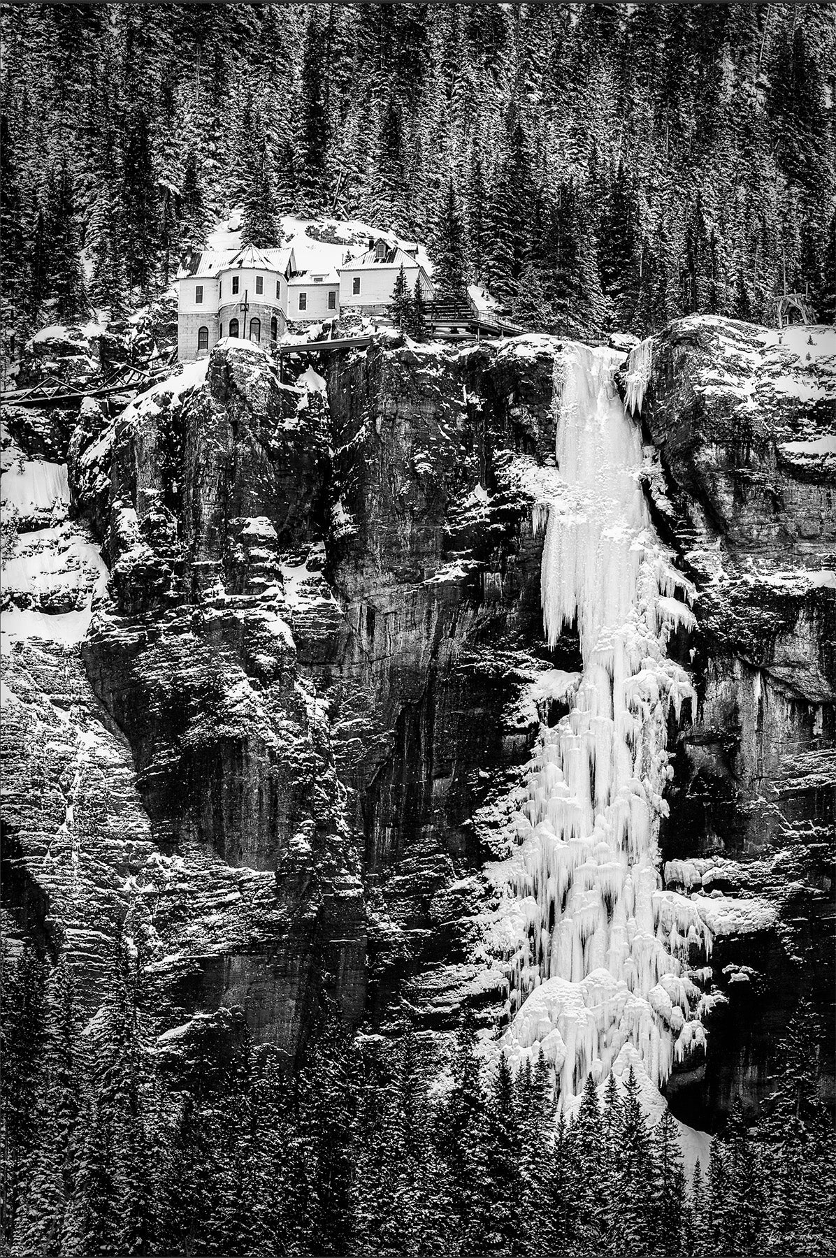 Old black white photograph of Bridal Veil Falls Telluride CO with power station Tesla