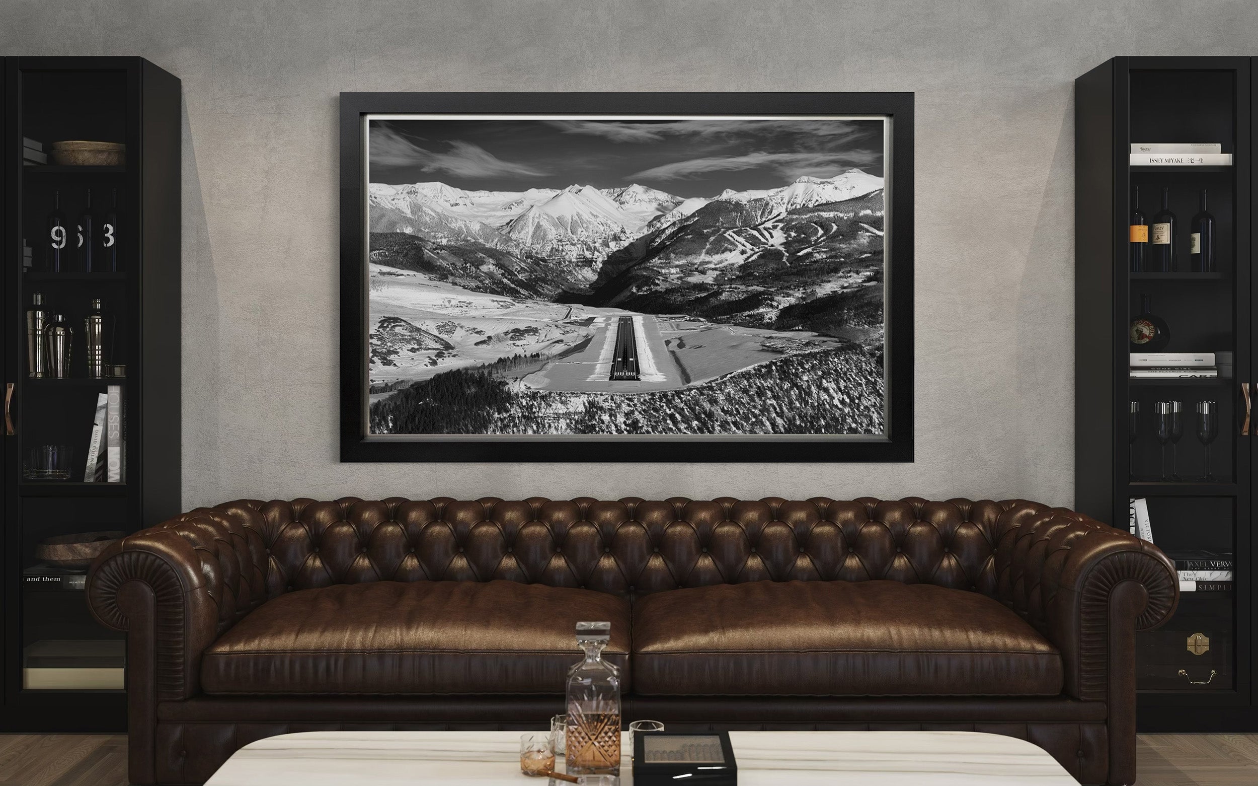Photo of den office with picture of Telluride runway 9 with Telluride ski resort and Ajax mtn