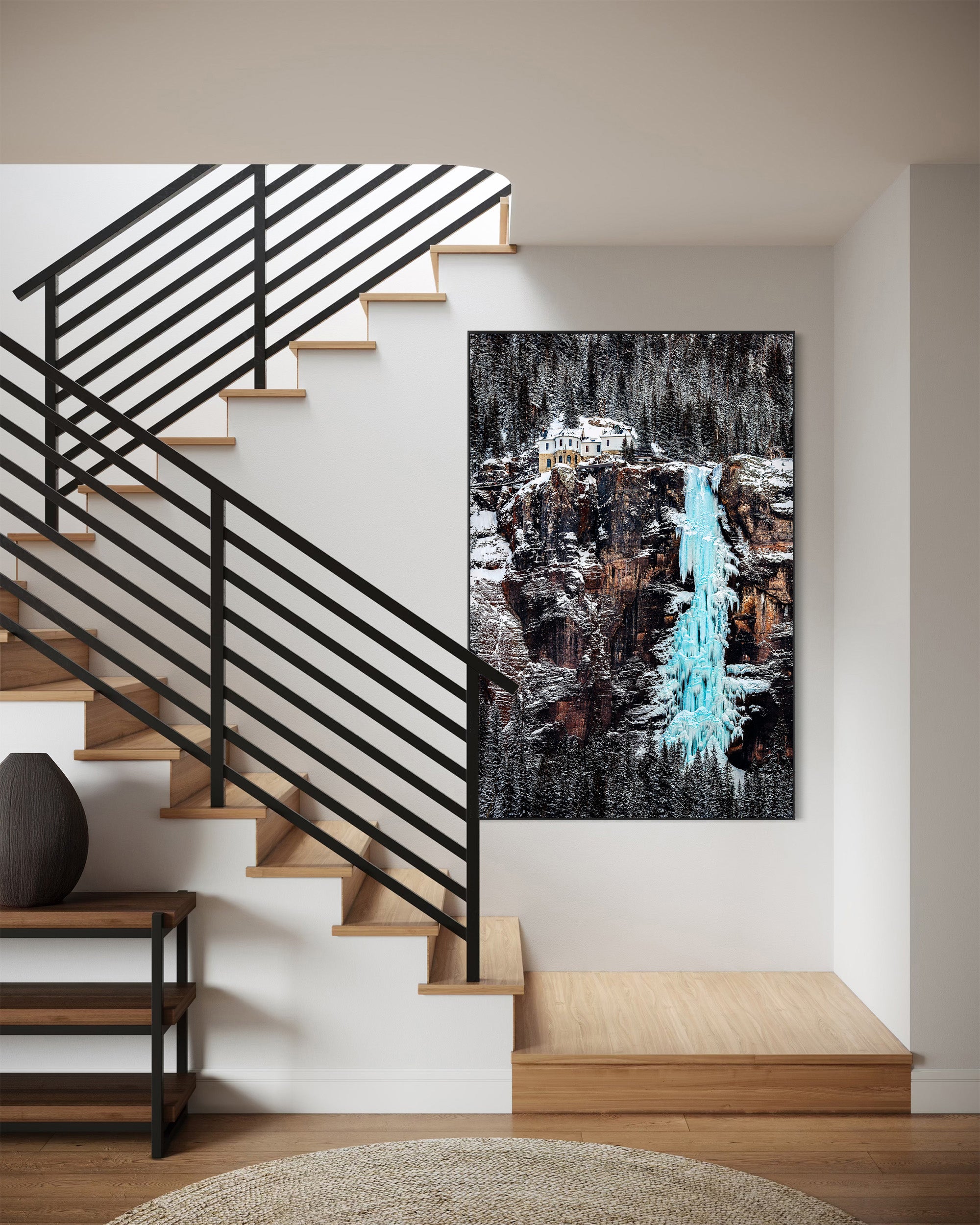 Fine Art photograph of bridal veil falls in modern condo in custom frame