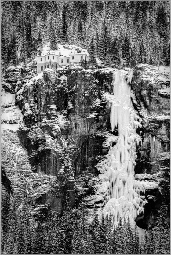Framed fine art metal photo print of Bridal Veil Falls in Telluride with power station