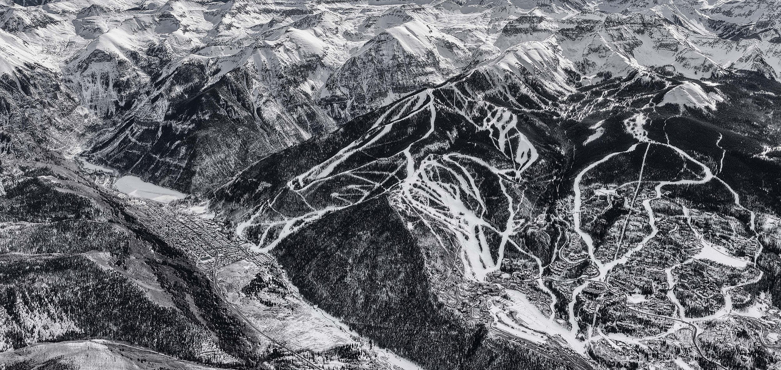 A black and white photograph of Telluride Ski Map print